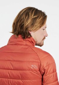 Giacca imbottita rossa con colletto alto, caratterizzata da cuciture orizzontali e un logo bianco di montagne sul retro. Tessuto liscio, design moderno.