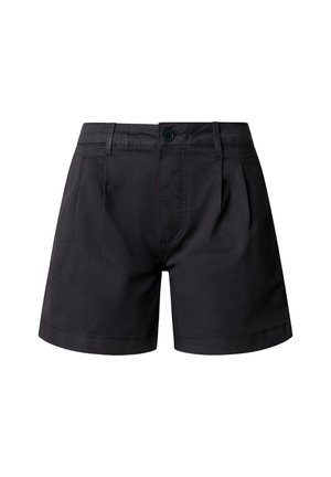 Shorts en coton noirs taille haute avec bouton à l'avant, passants pour ceinture et détails plissés sur un fond blanc uni.