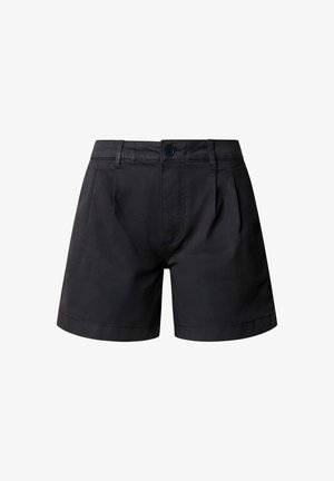 Pantalones cortos negros de algodón de cintura alta con botón frontal, trabillas para cinturón y detalles plisados sobre un fondo blanco liso.