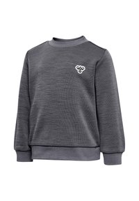 Grå långärmad sweatshirt i stickat tyg, med ribbad krage och ärmslut, samt en liten broderad logotyp på vänster bröst.