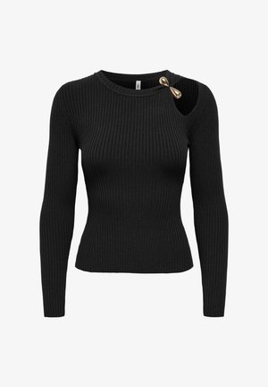 Haut noir en maille côtelée à manches longues avec une découpe sur l'épaule droite, maintenu par deux épingles dorées en forme de goutte.