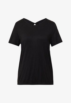 Czarna koszulka z krótkim rękawem, okrągłym dekoltem i detalem w formie dziurki z tyłu, wykonana z miękkiego materiału o luźnym kroju. Prosty wzór, bez nadruków.