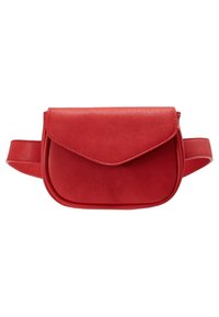 Punainen nahkainen vyölaukku, jossa on jämäkkä, suorakulmainen muotoilu, floppi suljenta ja sileä pinta. Mukana säädettävä hihna.