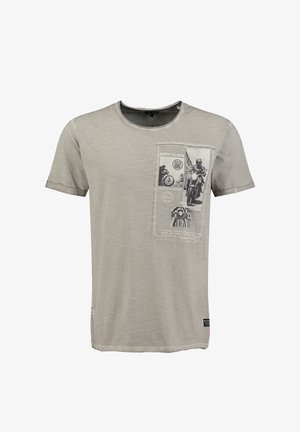 Jasnoszara koszulka z krótkim rękawem z podwiniętymi mankietami, z przednią naszywką przedstawiającą vintage'owe zdjęcia motocykli i napis "Born to Ride".