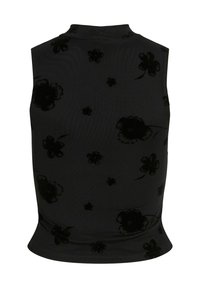 Svart ärmlös topp med hög krage, med en texturerad blommönster i mörka nyanser, slätt tyg och en figurnära design.