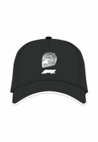 Must must peaga ja kõver visioriga. Ees on hõbedane kiivri logo ja valge "F1". Kangas näeb välja sile ja ilma mustriteta.
