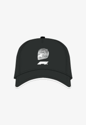 Black cap with a curved visor. Features a silver helmet logo and "F1" in white on the front. Fabric texture appears smooth with no patterns.
