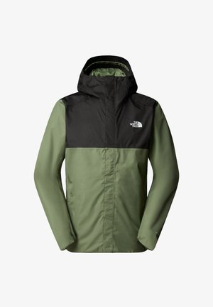 Chaqueta de hombre con la parte superior negra y la sección inferior en verde oliva. Incluye capucha, cierre con cremallera en el frente y logo en el pecho. Textura suave, material sintético.