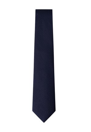 Dark navy blue knitted silk tie with a straight, narrow cut and pointed tip, displayed on white background.
