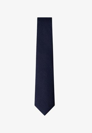 Dark navy blue knitted silk tie with a straight, narrow cut and pointed tip, displayed on white background.