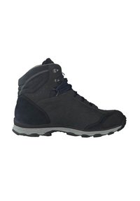 Schwarze hochgeschnittene Wanderschuhe mit gepolstertem Knöchelkragen, Schnürverschluss vorne und robustem grauen Sohlen, die für den Außeneinsatz gedacht sind.