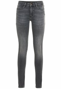 Jeans ajustados en denim gris oscuro, con bolsillos frontales, cierre de botón y un ligero desgaste para añadir textura. Diseño suave y ceñido.