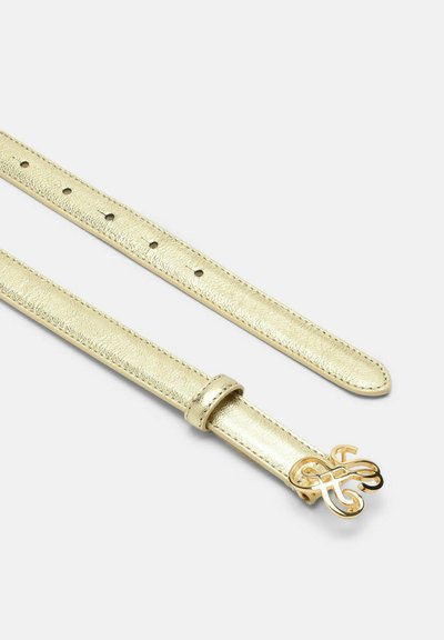 Gold leather belt with a smooth texture, featuring multiple holes for size adjustment and a decorative gold metal buckle with intricate design.