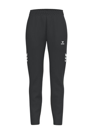 Pantalon de sport noir avec taille élastique, poches latérales, logo blanc de la marque sur la cuisse et motifs en chevrons sur le bas des jambes.