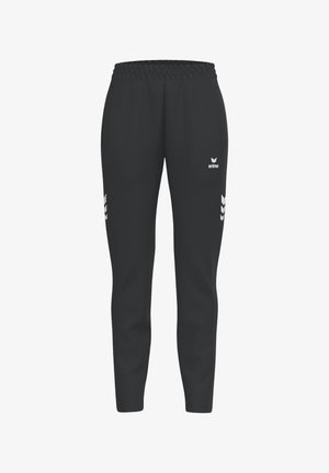 Zwarte sportbroek met elastische tailleband, zijzakken, wit merklogo op de dij en chevronpatronen op de onderbenen.