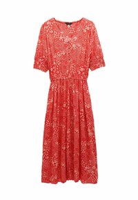 Rotes Blumenkleid aus weichem Stoff, mit kurzen Puffärmeln, V-Ausschnitt, elastischem Bund und einem fließenden Rock.