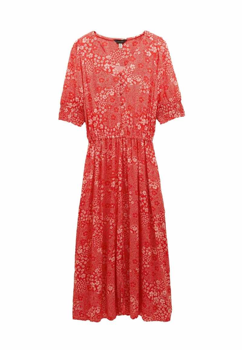 Rotes Blumenkleid aus weichem Stoff, mit kurzen Puffärmeln, V-Ausschnitt, elastischem Bund und einem fließenden Rock.