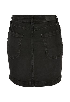 Mini-jupe en denim noir avec deux poches arrière, passants de ceinture et détails de coutures surpiquées.