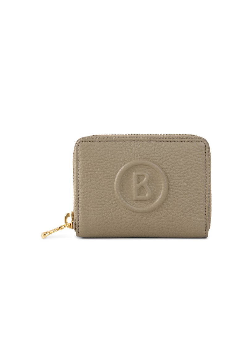 Beige Lederbörse mit strukturiertem Finish, geprägtem kreisförmigem Logo auf der Vorderseite, Reißverschluss und Details in goldfarbenem Metall.