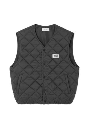 Gilet sans manches matelassé noir avec boutons-pression à l'avant, deux poches latérales et une petite étiquette "American Vintage" sur la poitrine.