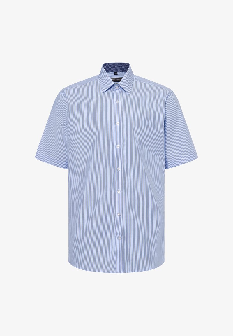 Camicia a maniche corte in blu chiaro e bianco a righe, realizzata in cotone. Presenta una chiusura con bottoni e un colletto solido con una fodera a motivo.