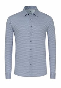 Langarm-Hemd in Blau mit geometrischem Muster. Verfügt über einen klassischen Kragen und dunkle Knöpfe.