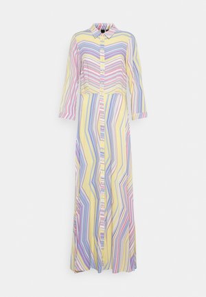 Langes Hemdkleid mit Kragen, mit diagonalen und vertikalen Streifen in Pastellgelb, Rosa, Blau und Lila, sowie langen Ärmeln mit Manschetten.