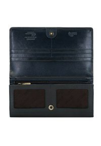 Navy leather wallet with a snap closure, multiple card slots, a zippered compartment, and two transparent ID pockets. Smooth texture.