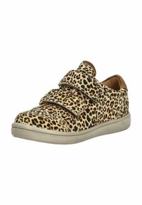 Sneaker con stampa leopardata, due cinturini in velcro, dettagli in suede beige, punta arrotondata e suola in gomma grigia chiara. La superficie testurizzata offre grip.
