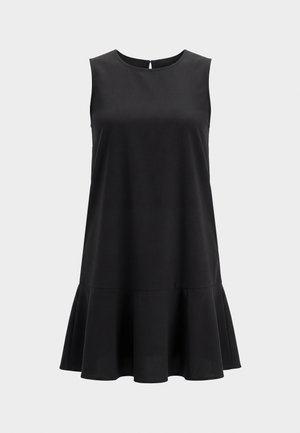 Czarna sukienka bez rękawów z okrągłym dekoltem i rozkloszowanym dołem, z zapięciem na guziki z tyłu i gładką fakturą materiału.