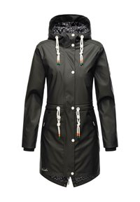Black waterproof coat with a hood, featuring white drawstrings, two front pockets, and a patterned interior lining. Full-length design.