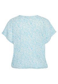 Blusa azzurro chiaro a maniche corte con motivo floreale in bianco. Tessuto morbido con una vestibilità rilassata e scollatura rotonda. Senza chiusure visibili.