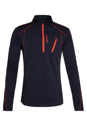 Marinefarbener Fleece-Pullover mit orangefarbenen Akzenten, halber Reißverschluss vorne und einer Brusttasche. Verfügt über flache Nähte und lange, enganliegende Ärmeln.
