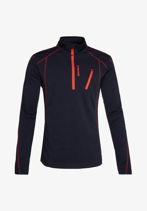 Marinefarbener Fleece-Pullover mit orangefarbenen Akzenten, halber Reißverschluss vorne und einer Brusttasche. Verfügt über flache Nähte und lange, enganliegende Ärmeln.