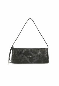 Schwarze Tasche mit Schlangenlederdruck, strukturierten Oberflächen und glattem Trageriemen. Sie verfügt über eine metallische Logo-Akzentuierung und ein umschlagbares Design.