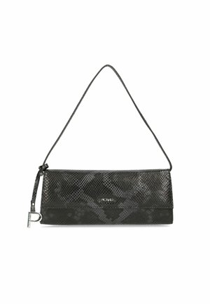 Borsa a mano nera con stampa serpente, caratterizzata da una superficie texturizzata e una tracolla liscia, con un accento di logo metallico e un design a sovrapposizione.