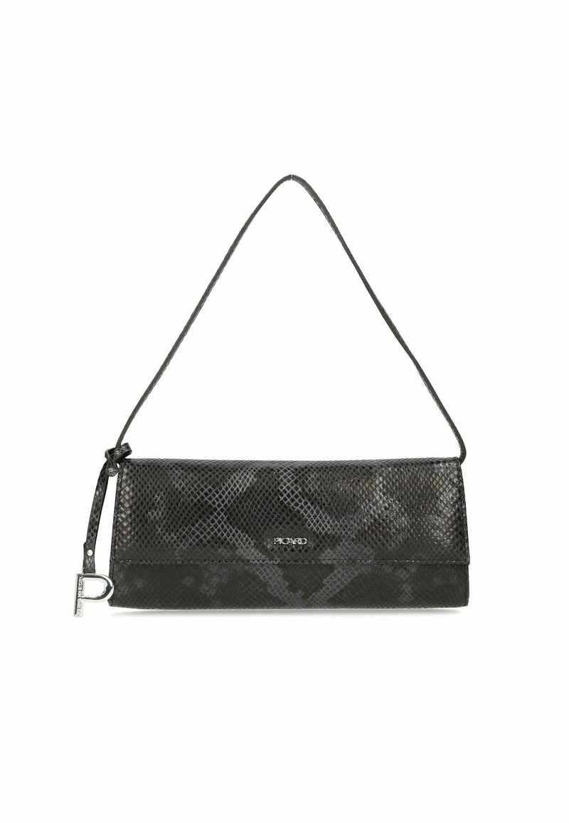 Schwarze Tasche mit Schlangenlederdruck, strukturierten Oberflächen und glattem Trageriemen. Sie verfügt über eine metallische Logo-Akzentuierung und ein umschlagbares Design.