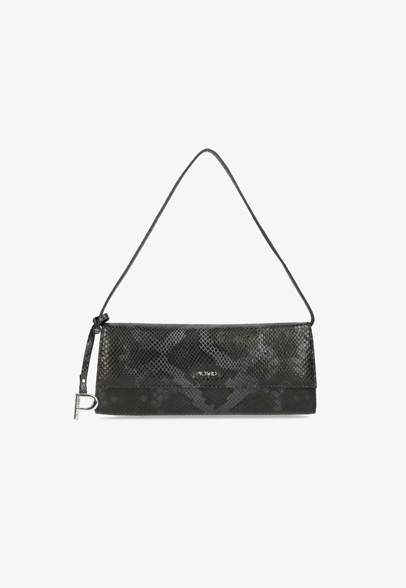 Schwarze Tasche mit Schlangenlederdruck, strukturierten Oberflächen und glattem Trageriemen. Sie verfügt über eine metallische Logo-Akzentuierung und ein umschlagbares Design.