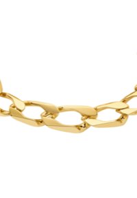 Collana d'oro con grandi anelli intrecciati, dalla superficie lucida e riflettente. Gli anelli presentano un design allungato, leggermente texturizzato.