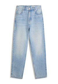 Lichtblauwe denim jeans met een hoge taille, recht gesneden pijpen, vijf zakken en subtiele vervaging. Het rafelige uiteinde maakt de look compleet.
