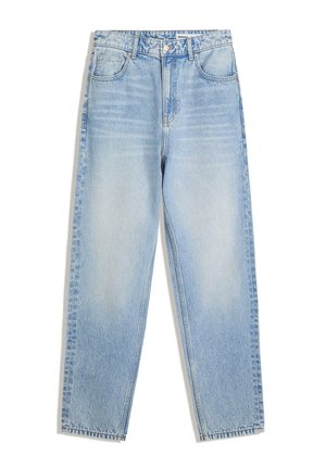 Lichtblauwe denim jeans met een hoge taille, recht gesneden pijpen, vijf zakken en subtiele vervaging. Het rafelige uiteinde maakt de look compleet.