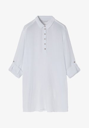 Weißes Hemd mit langen Ärmeln, aus strukturiertem Stoff, mit Knopfleiste und umgeschlagenen Ärmeldetails.