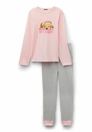 Rosa langärmliges Oberteil mit einem schlafenden Welpen und dem Schriftzug "Not Today", kombiniert mit grauen Leggings mit rosa Bündchen.