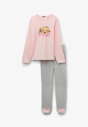 Haut rose à manches longues avec un chiot endormi et le texte « Pas aujourd'hui », assorti à des leggings gris avec des poignets roses.