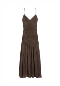 Brown sleeveless maxi dress with spaghetti straps, V-neckline, lace trim, and textured detailing on the bodice.