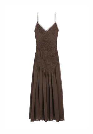 Brown sleeveless maxi dress with spaghetti straps, V-neckline, lace trim, and textured detailing on the bodice.
