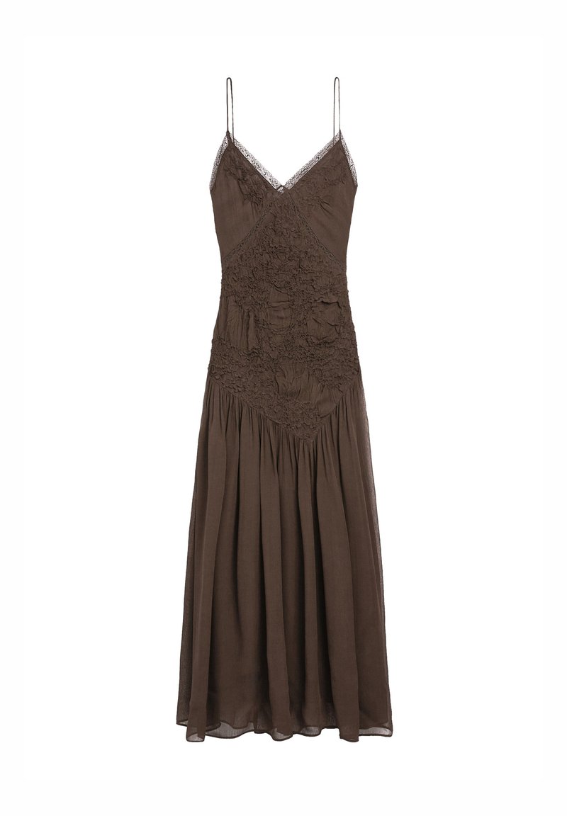 Brown sleeveless maxi dress with spaghetti straps, V-neckline, lace trim, and textured detailing on the bodice.