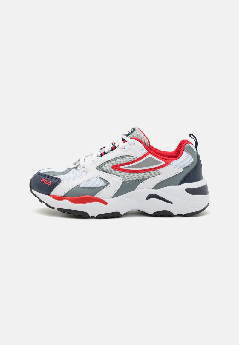 White athletic shoe with red and gray accents, mesh and synthetic materials, rounded toe, padded collar, and textured rubber outsole design.