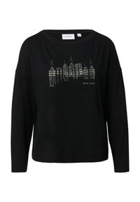 Schwarzes Langarmshirt mit einem silbernen reflektierenden Grafik des Stadtbilds von New York und dem Text "new york" auf der Vorderseite.