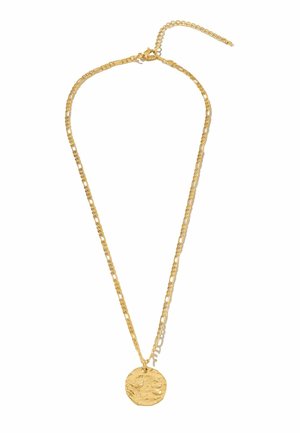 Gold necklace featuring a textured circular pendant, pendant attached to a fine chain with alternating links, adjustable clasp for length.